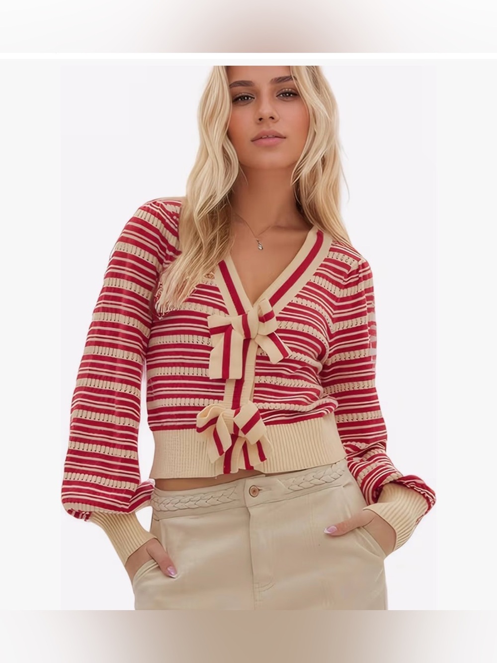 New GiGio Small Red & Cream Striped Bow-Front Knit Cardigan - Women